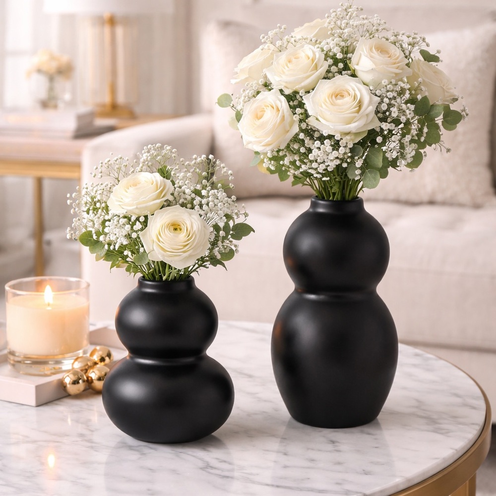 Modern Matte Black Sculptural Bud Vase Set of 2 | Luxe‎ Minimal Home Decor